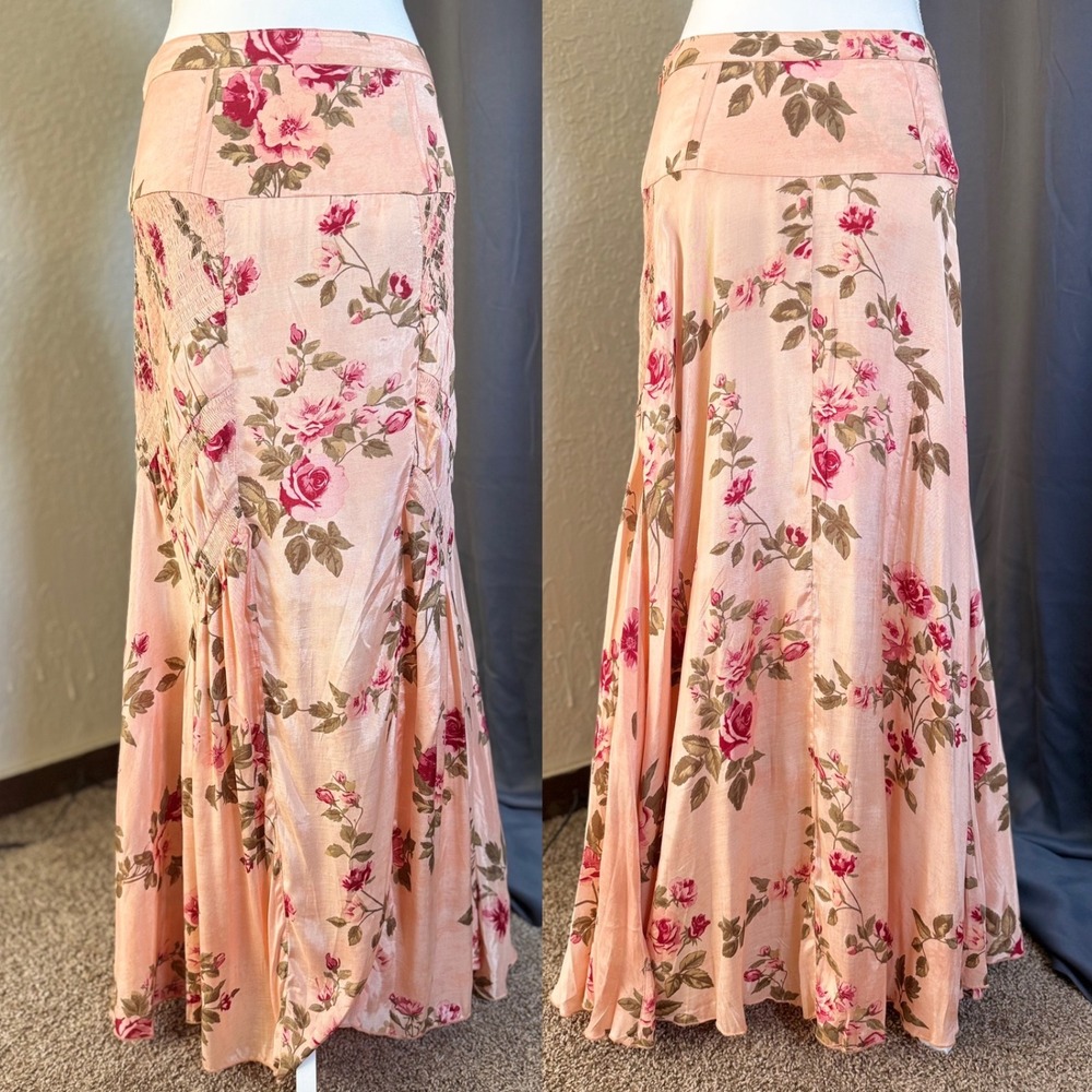 Free People Rowan Maxi Skirt Fairycore 6 Peach Pink Floral Boho Smocked Panel - Picture 2 of 13